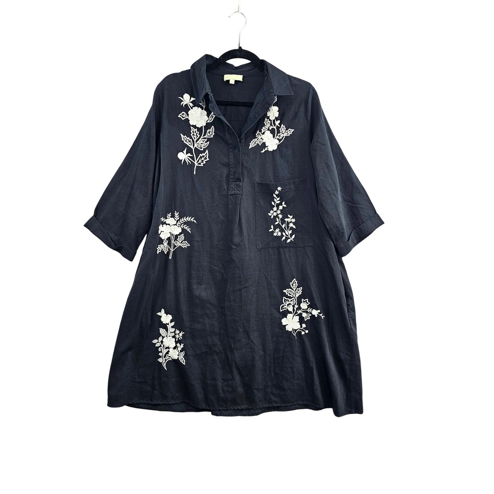 Petanu by Pashma Tunic Dress Womens L Black White Floral Embroidered Cotton Boho